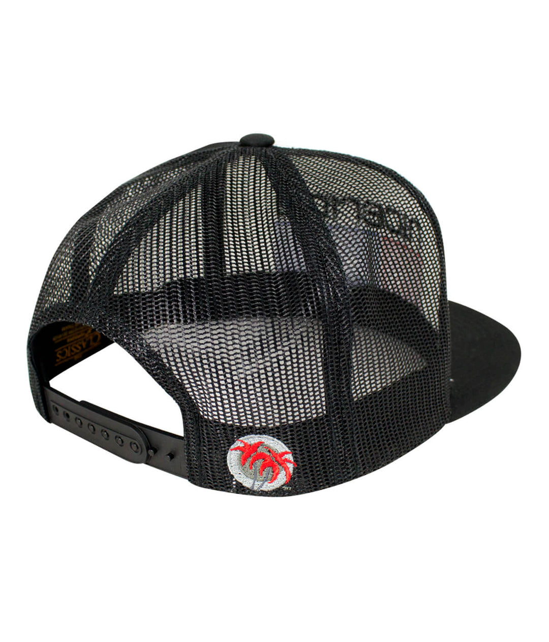 Back view of the Bones Trucker Hat showcasing the black mesh and palm logo on the side, a stylish hat for casual wear.