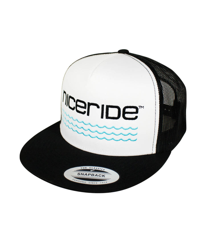 On The Water - Center trucker baseball cap, a stylish hat with NICERIDE logo and waves design.