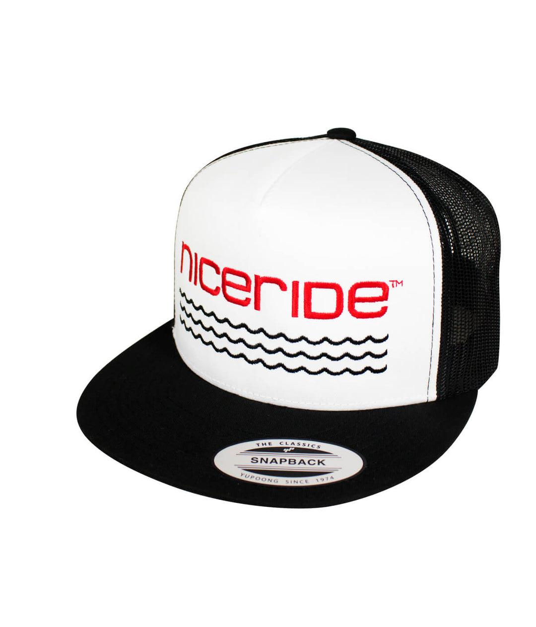 On The Water Trucker Baseball Cap, NICERIDE hat with classic snapback design, red lettering and black mesh back.
