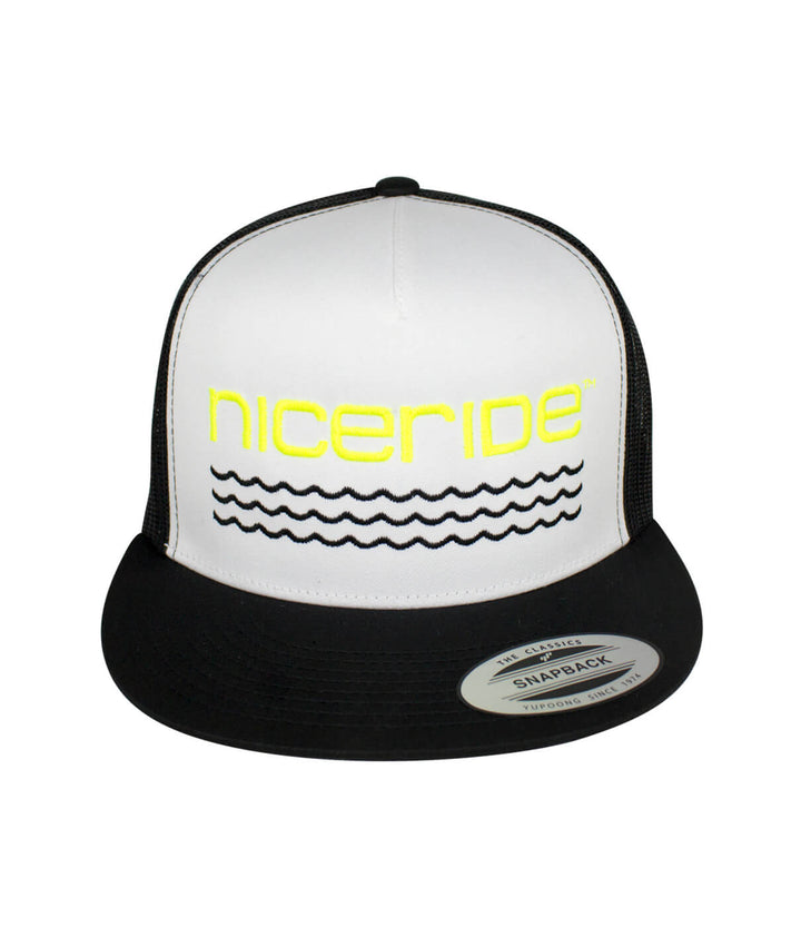 On The Water - Center trucker baseball cap featuring embroidered NICERIDE design and logo.