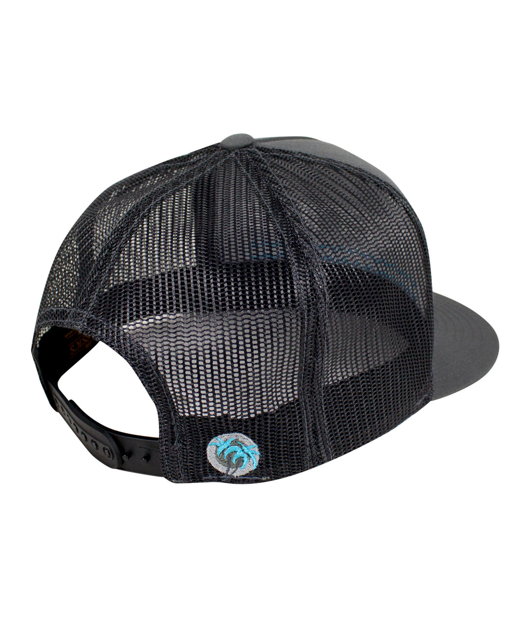 Back view of the On The Water - Center charcoal trucker hat featuring mesh design and classic palm logo.