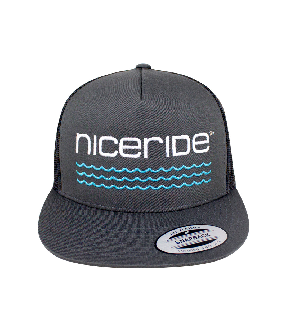 On The Water - Center Charcoal Trucker Hat by NICERIDE, featuring embroidered logo and design.