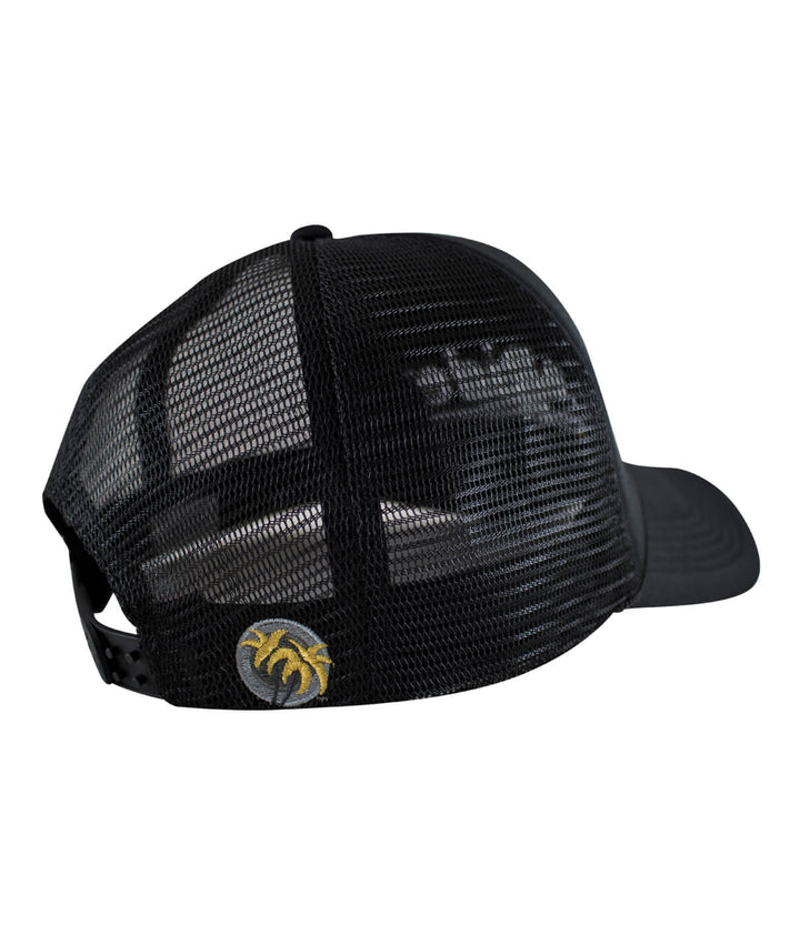 Back view of Low Tide Foam Trucker Baseball Hat featuring classic palm embroidery, perfect summer hat.