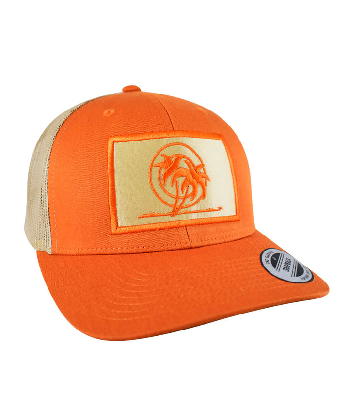 Classic Palm Patch Retro Trucker Hat with embroidered palm design in vibrant orange and tan.