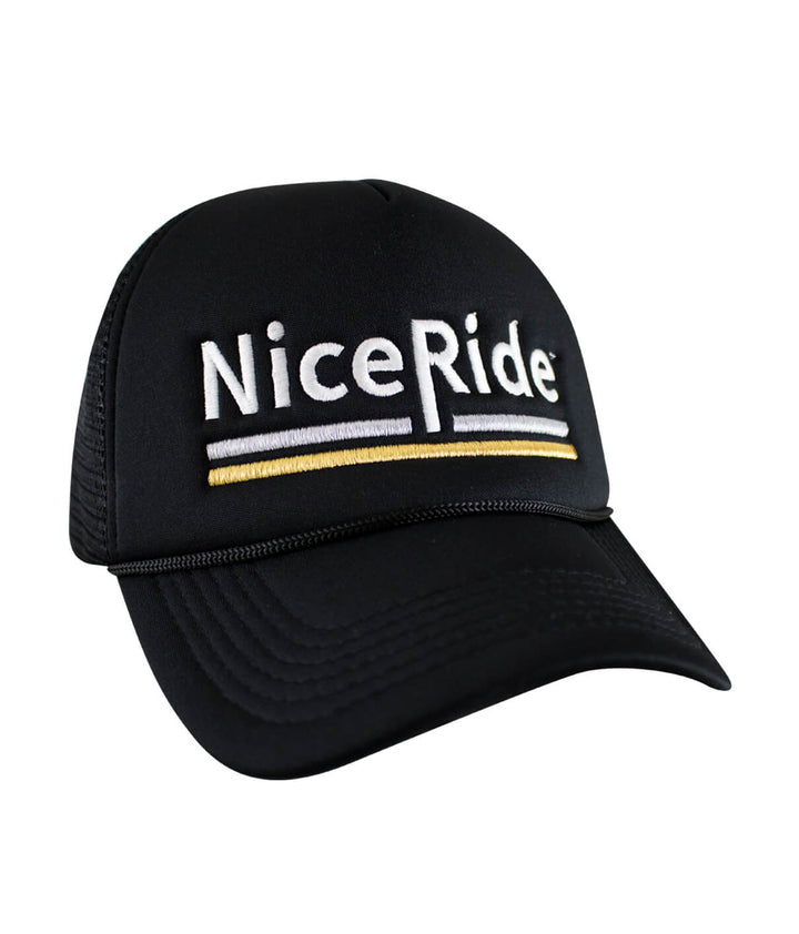 Low Tide Foam Trucker Hat featuring embroidered NiceRide logo on black cap.