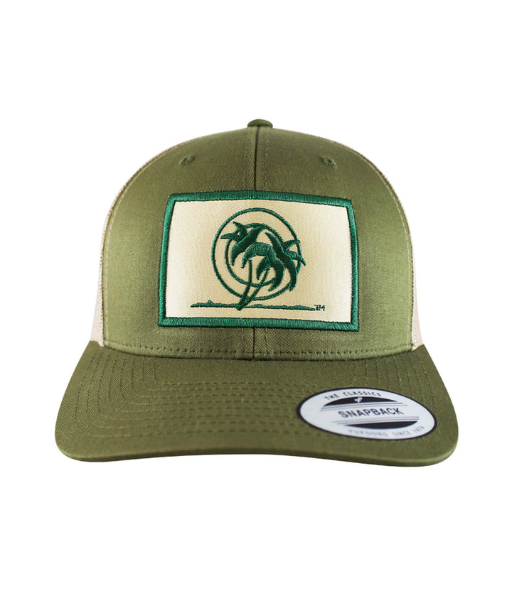 Classic Palm Patch retro trucker hat featuring a stenciled palm design, perfect for casual wear.