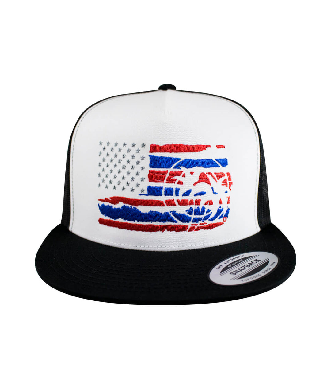 Strong Faded Trucker Hat showcasing red, white, and blue embroidered design with NICERIDE logo.