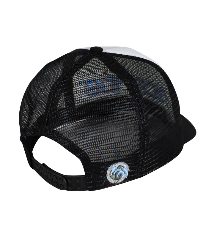 Back view of Bold Tower Foam Trucker Hat showing black mesh and embroidered logo, ideal hat for casual wear.