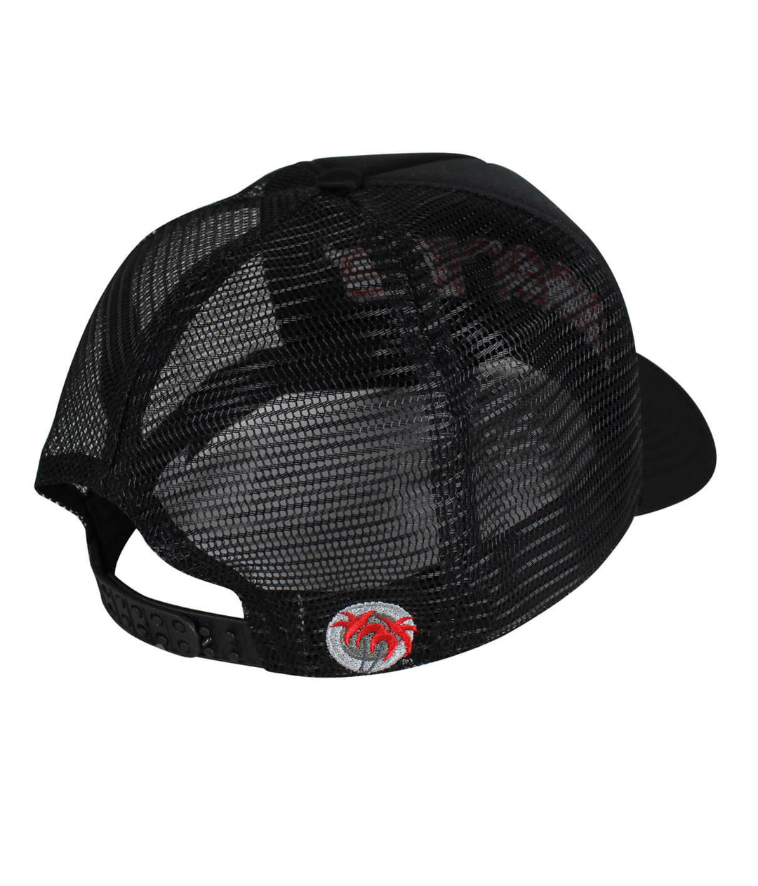 Back view of the Bold Tower Black Foam Trucker Hat showcasing the palm logo and mesh design.