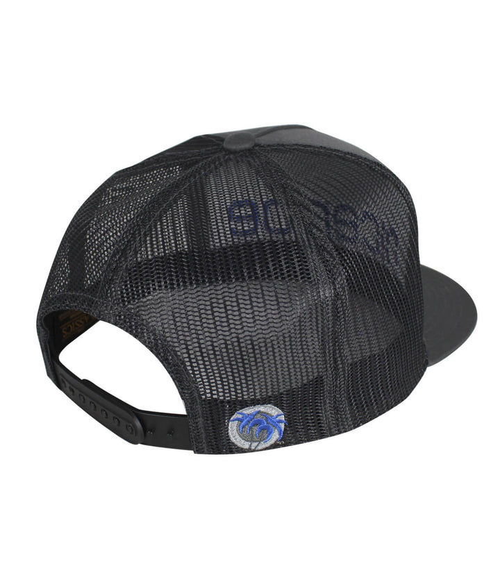 Back view of the Bold Tower Charcoal Trucker Hat showcasing the mesh design and palm logo.