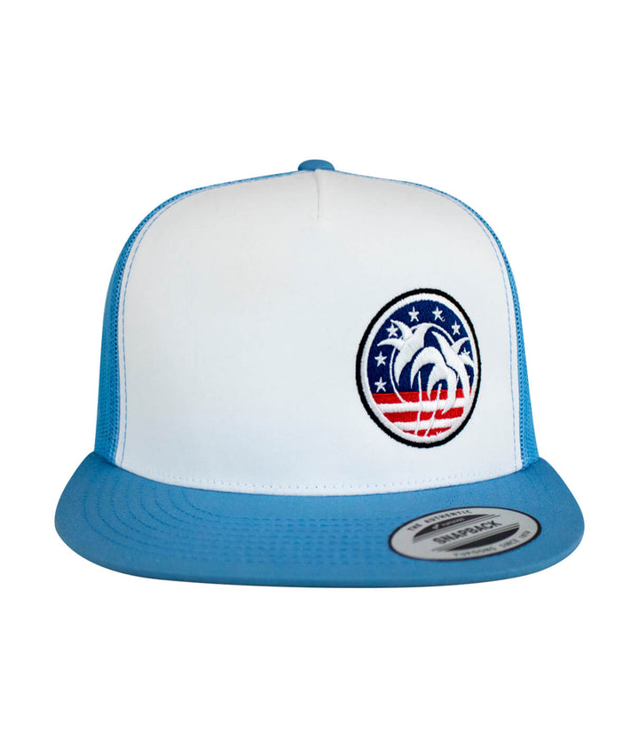 Spirit of 76-LP Trucker Hat with embroidered design on the front and blue brim, ideal for casual wear.
