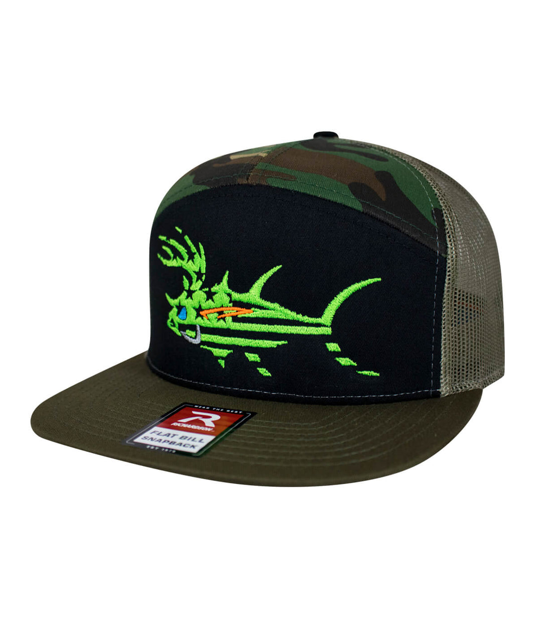 NICERIDE Buck-Eye Faded Glory 7-Panel Trucker Hat with bright fish embroidery and camouflage design.