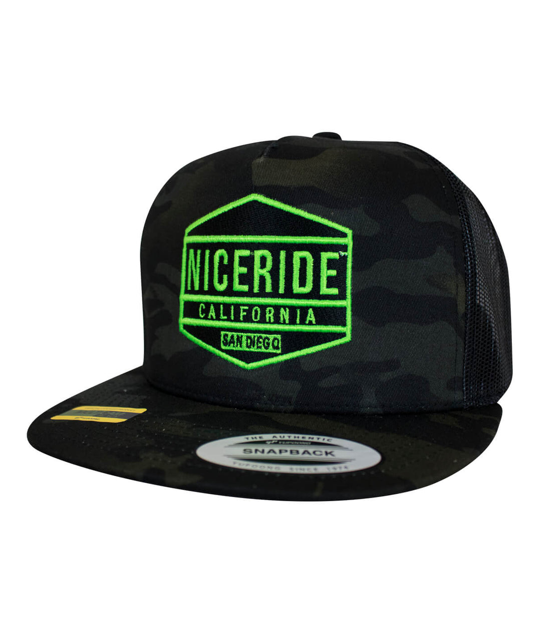 Good Times - Neon trucker hat with NICERIDE logo in neon green on black camo design.