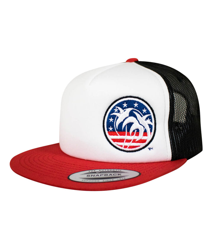 Foam Flatbill Trucker Hat featuring "Spirit of 76" design on front panel, NICERIDE pill on back, perfect summer hat.