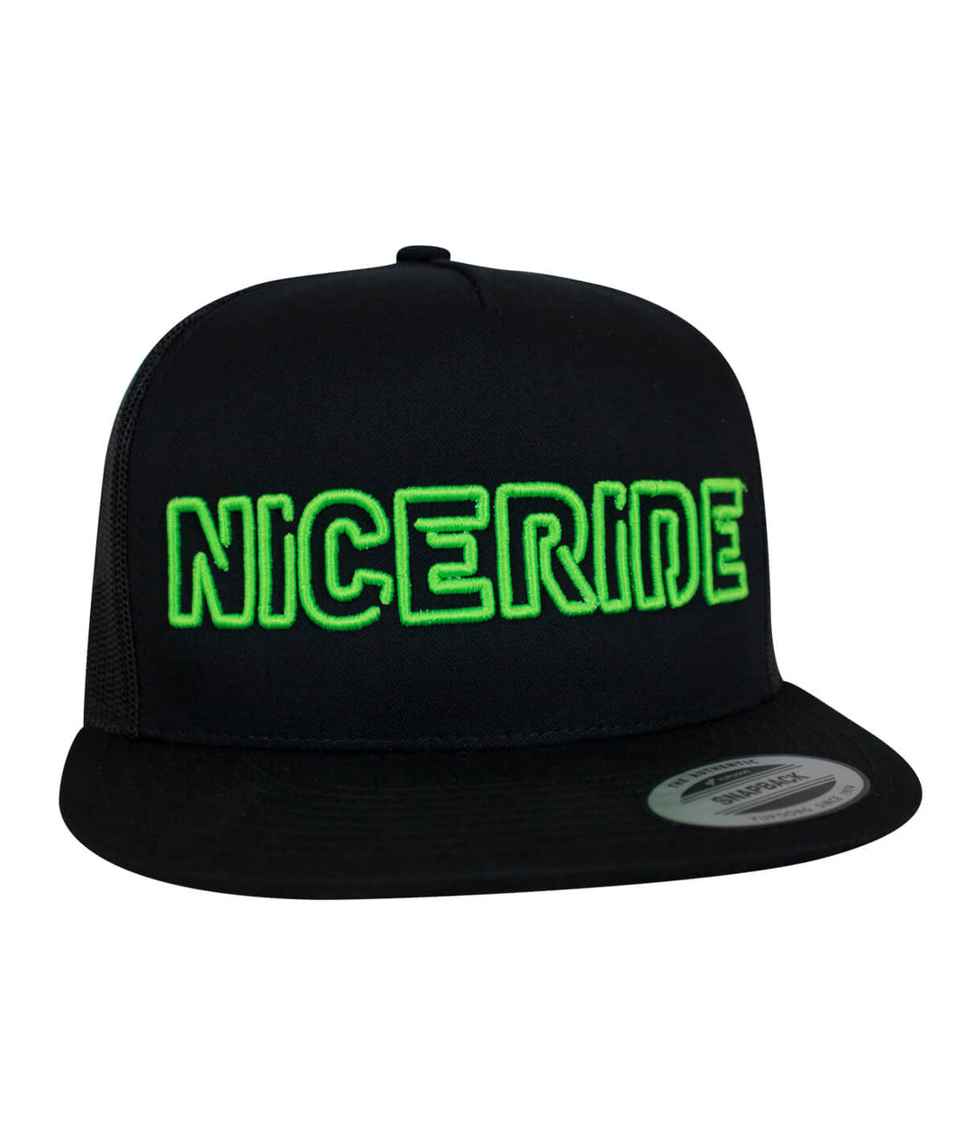 NICERIDE Maze trucker hat in black with green embroidered text, perfect for stylish everyday wear.