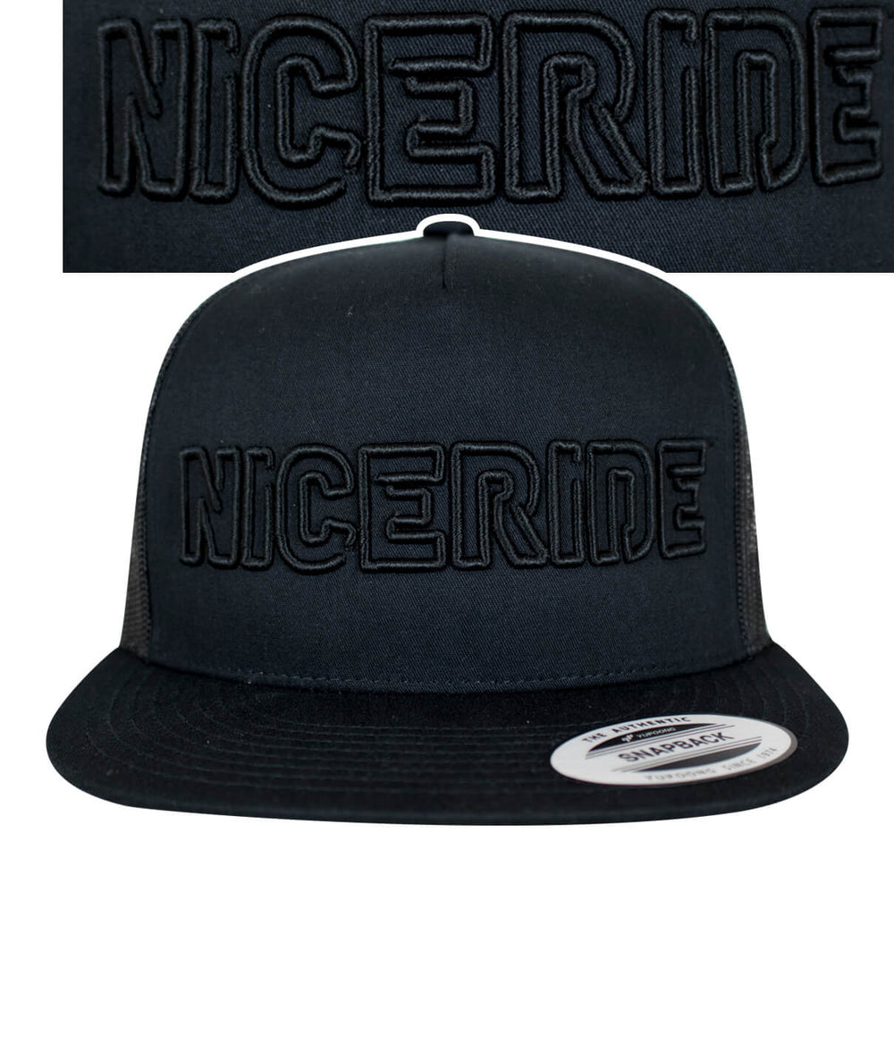 NICERIDE black snapback trucker hat featuring bold embroidered logo on front panel.