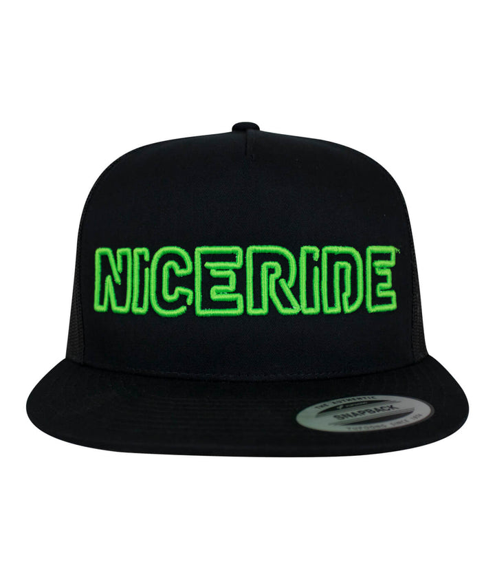 NICERIDE "Maze" black snapback trucker hat with green embroidered lettering.