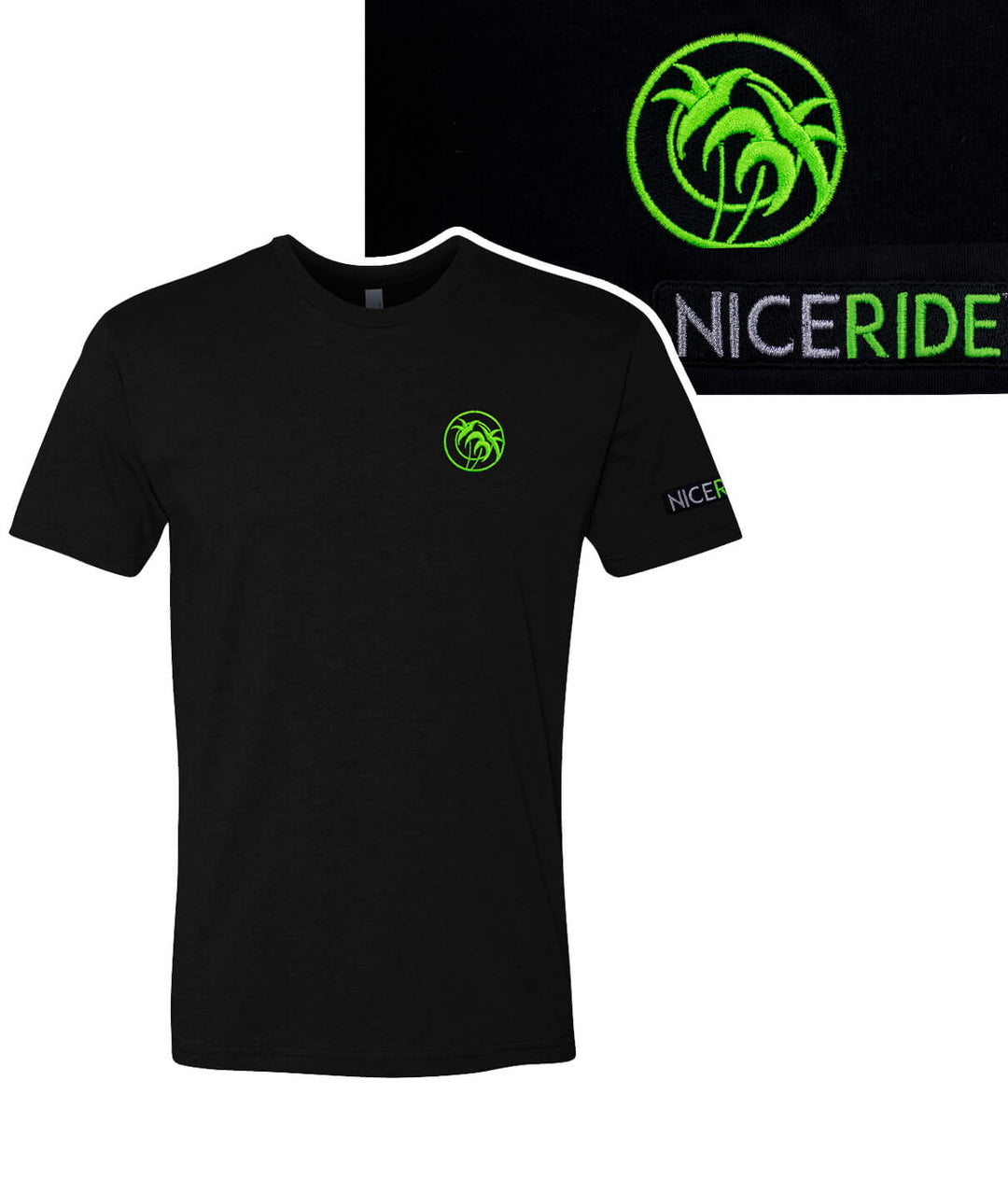 Verde Palm - Black Next Level Men's 100% Cotton Short Sleeve T-Shirt with NICERIDE logo embroidered on chest and sleeve.
