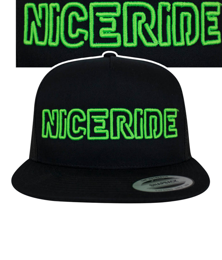 NICERIDE "Maze" trucker hat featuring vibrant green embroidery on a black snapback cap.
