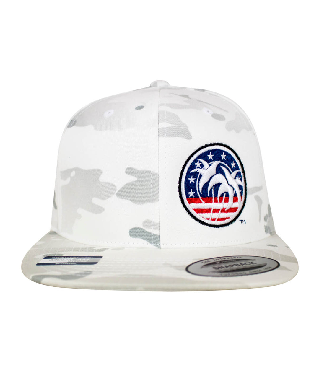 White camo snapback hat with embroidered patriotic design featuring palm trees and stars.