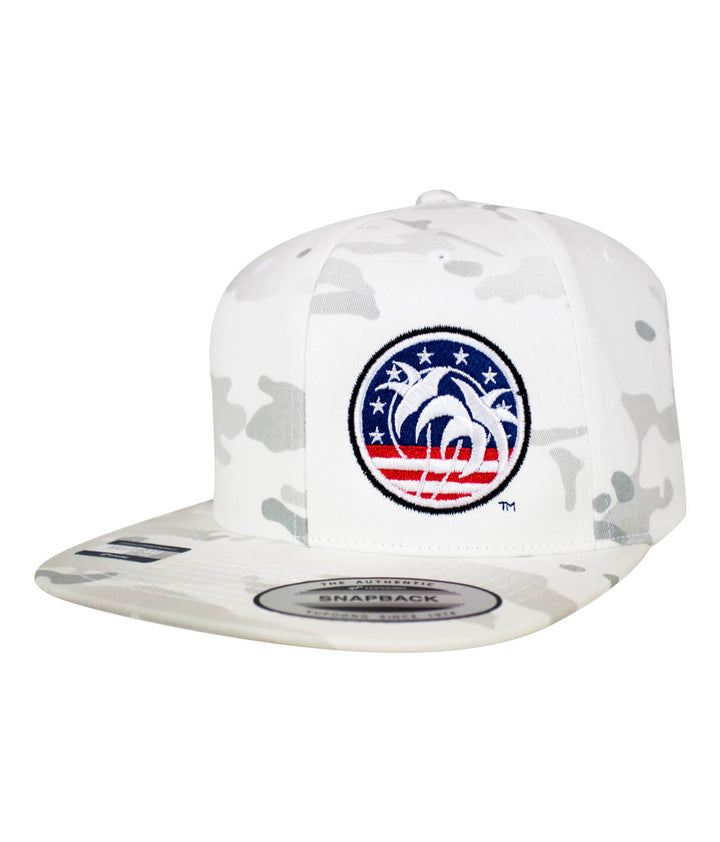 Spirit of 76 flatbill snapback hat with patriotic design and camo pattern.