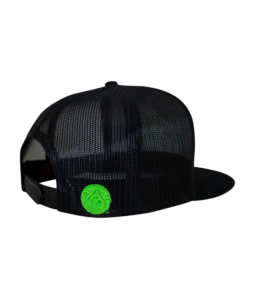 Back view of the black Code trucker hat featuring a green palm logo on the right side.