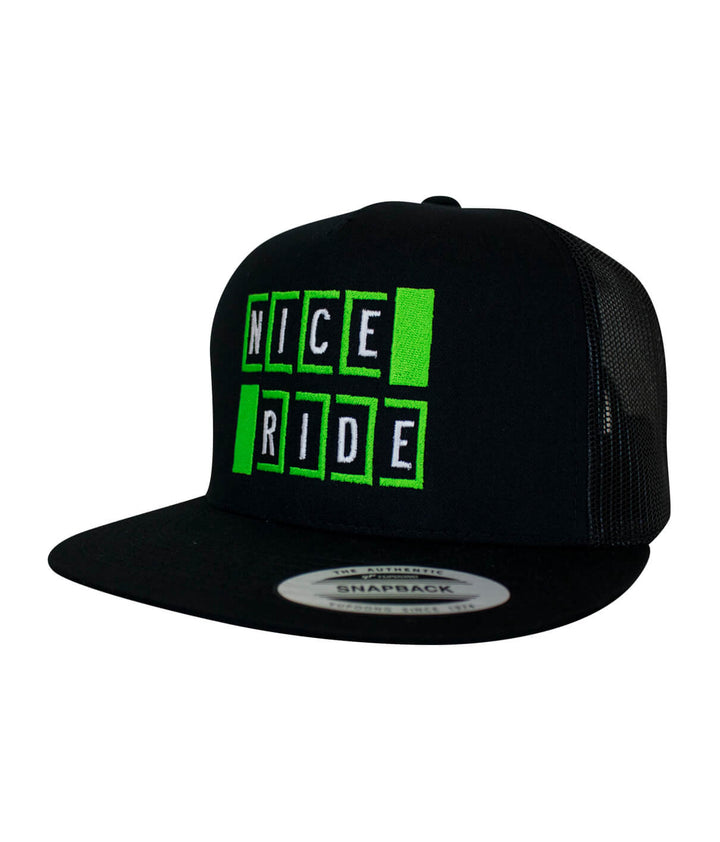 Code trucker hat featuring NICERIDE logo in green embroidery on black snapback cap.
