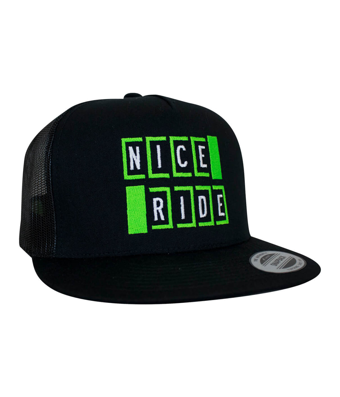 Code trucker hat featuring embroidered NICERIDE design in vibrant green and black.