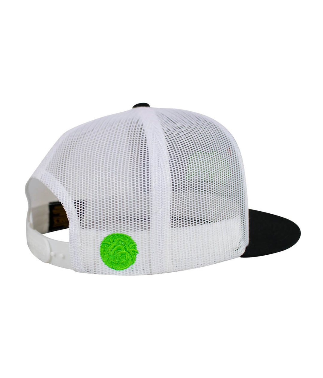 Back view of the "Hang 20" hat with a mesh design and black brim, featuring a palm logo in green.