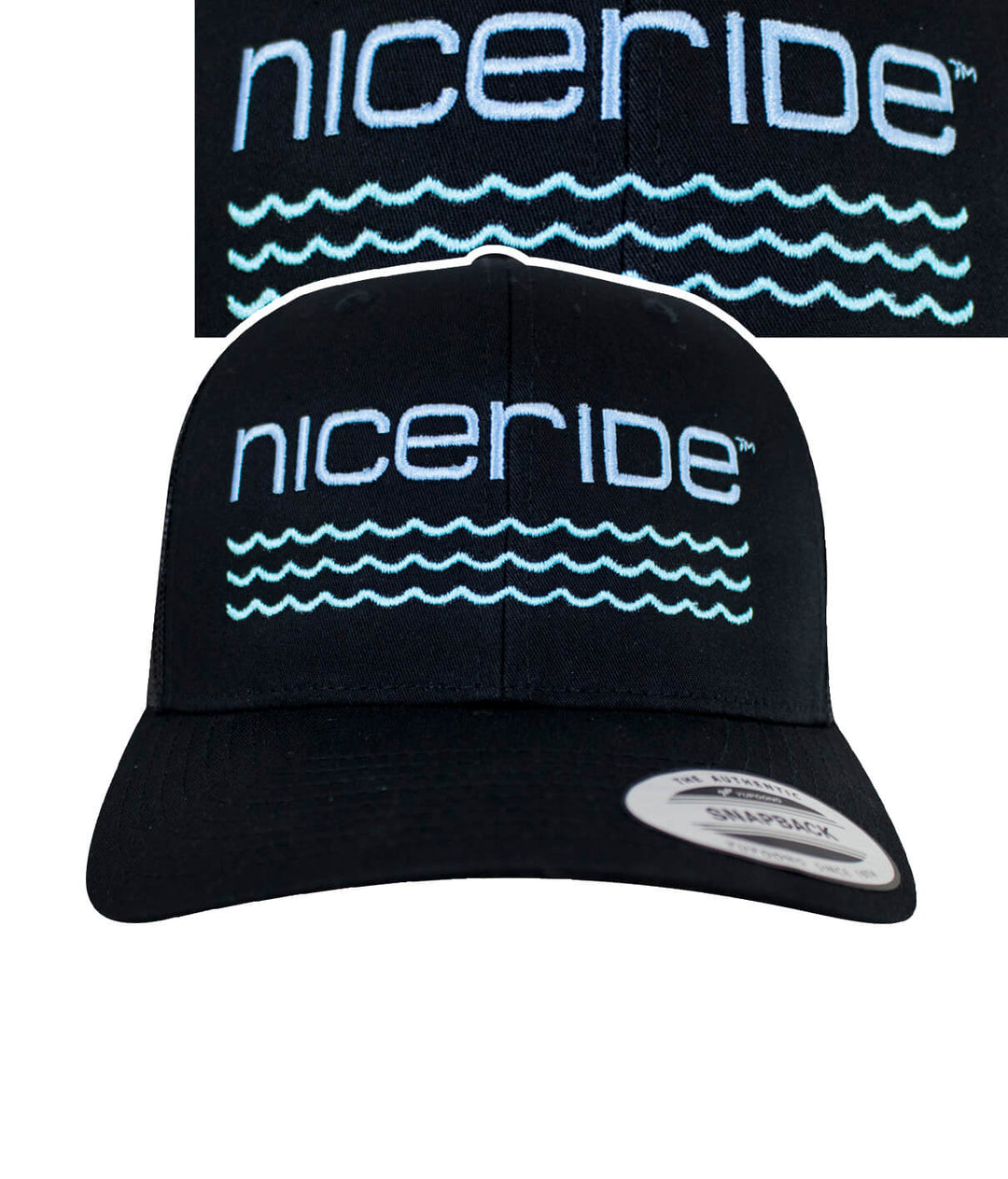 On The Water - Center Retro Trucker Baseball Hat with NICERIDE design embroidered on front.