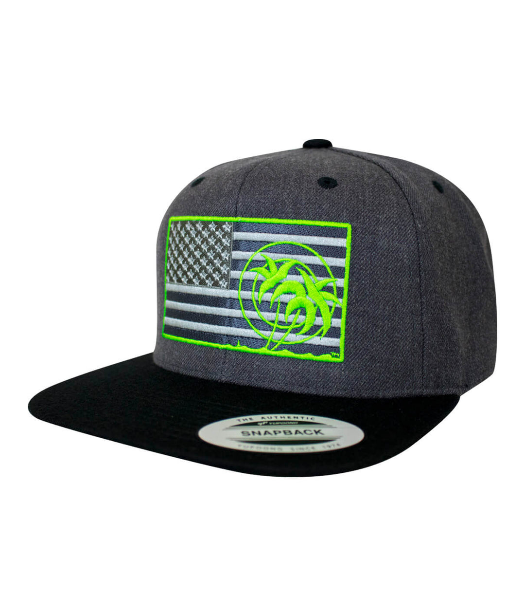 Black Snapback Hat featuring neon accents and American flag design, perfect for casual style.
