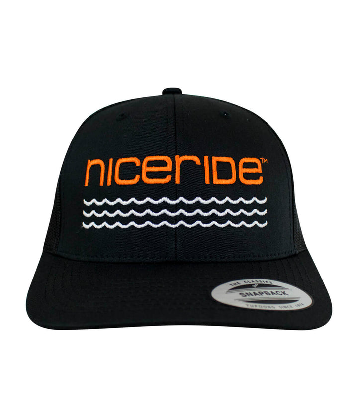 On The Water - Center Retro Trucker Baseball Cap featuring NICERIDE design, perfect hat for casual outings.