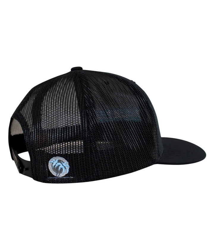 On The Water Retro Trucker Hat, black mesh baseball cap showing side view and logo design.