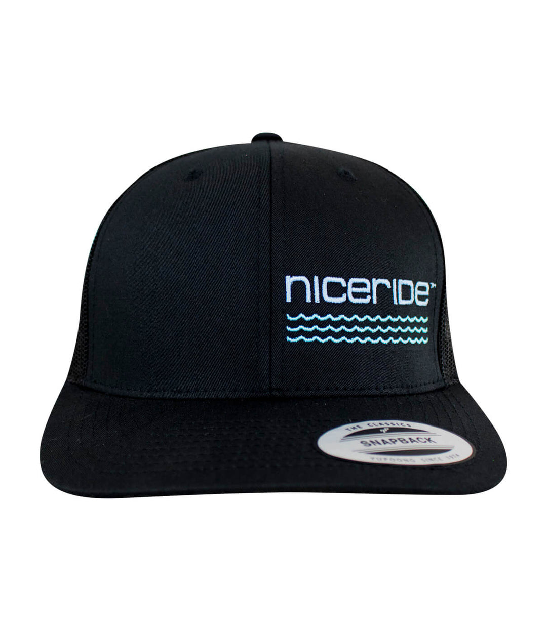 On The Water Retro Trucker Hat by NICERIDE featuring a black design with embroidered logo, perfect summer accessory.