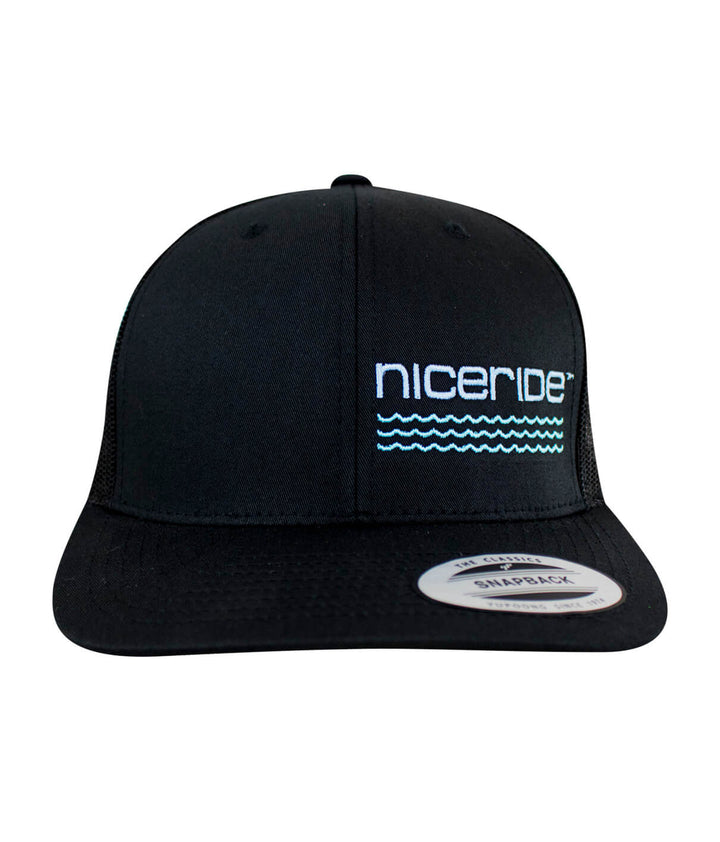 On The Water Retro Trucker Hat by NICERIDE featuring a black design with embroidered logo, perfect summer accessory.