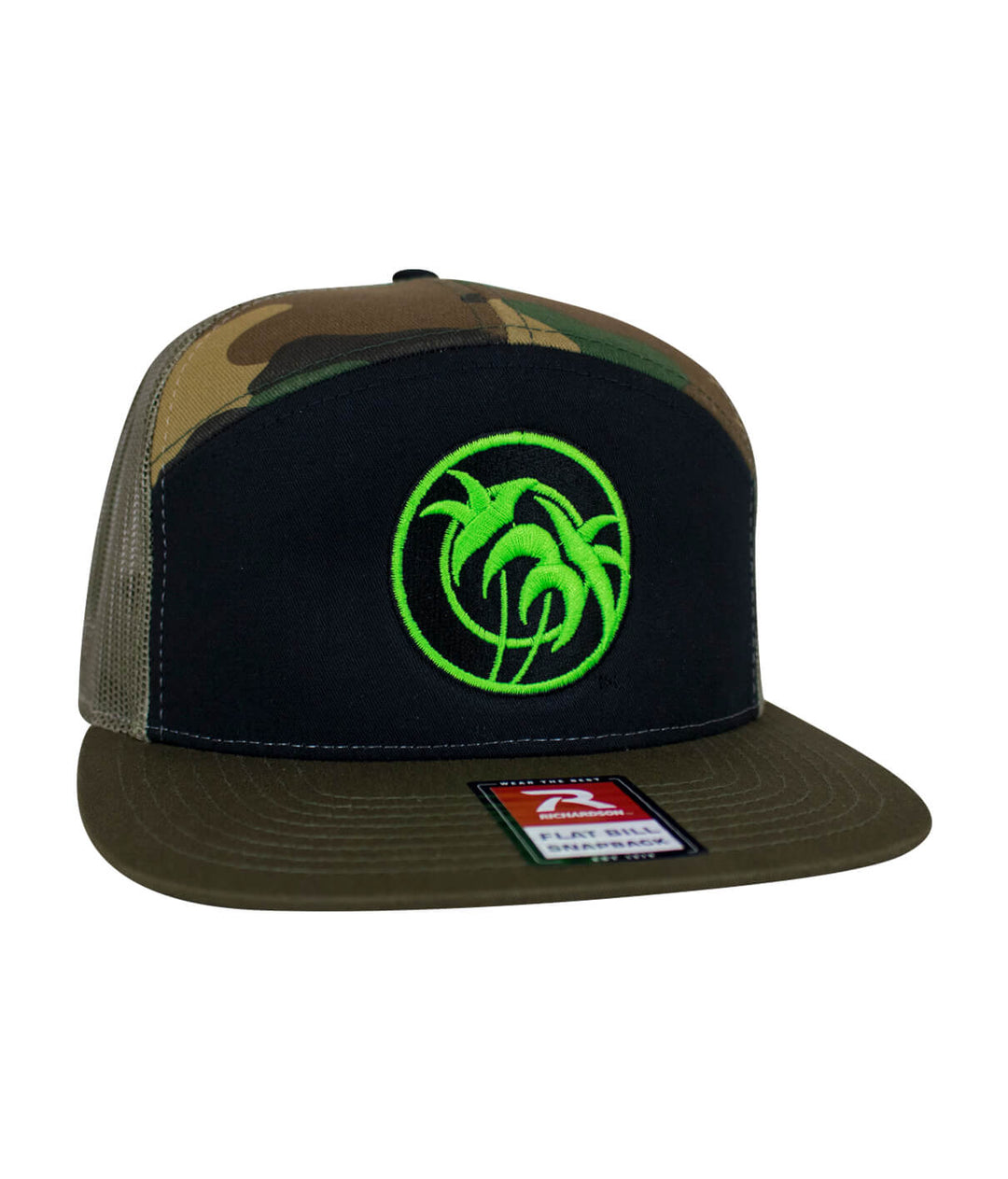 Verde Palm 7 Panel Trucker Hat featuring embroidered design and camo pattern, perfect for outdoor adventures.