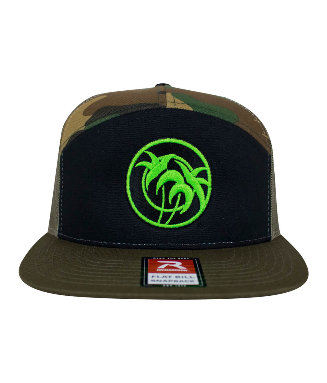 Verde Palm trucker hat with black front and camo sides featuring green palm tree embroidery.