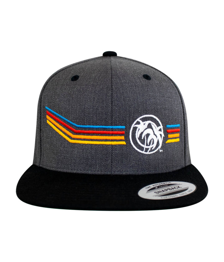 Aquarius unisex adjustable snapback hat in gray with bold embroidery and colorful stripes