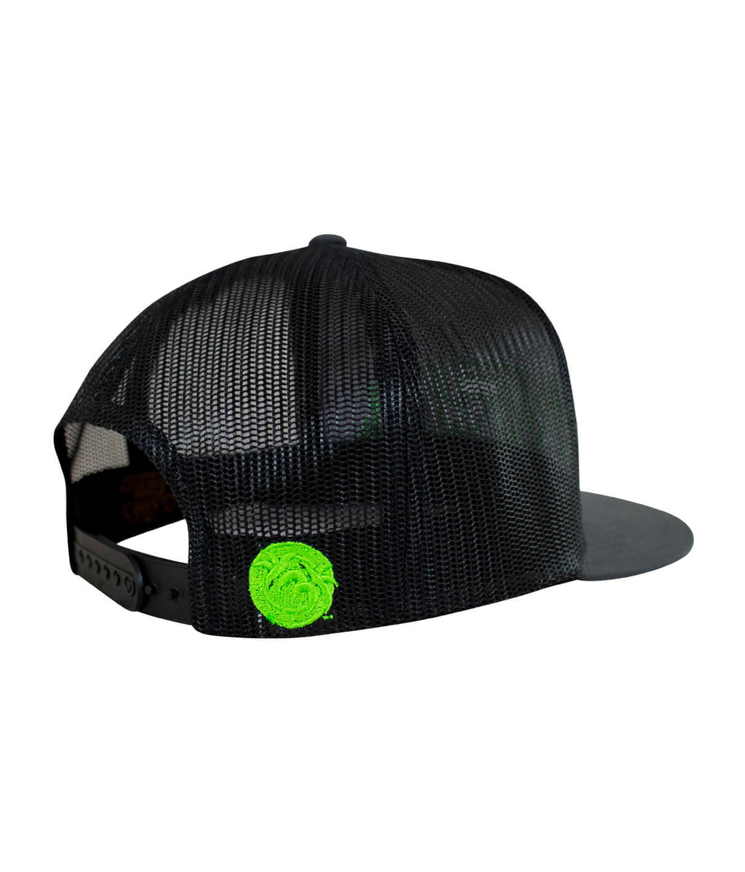 Back view of a black Bulls Eye trucker hat with palm logo, featuring the word &