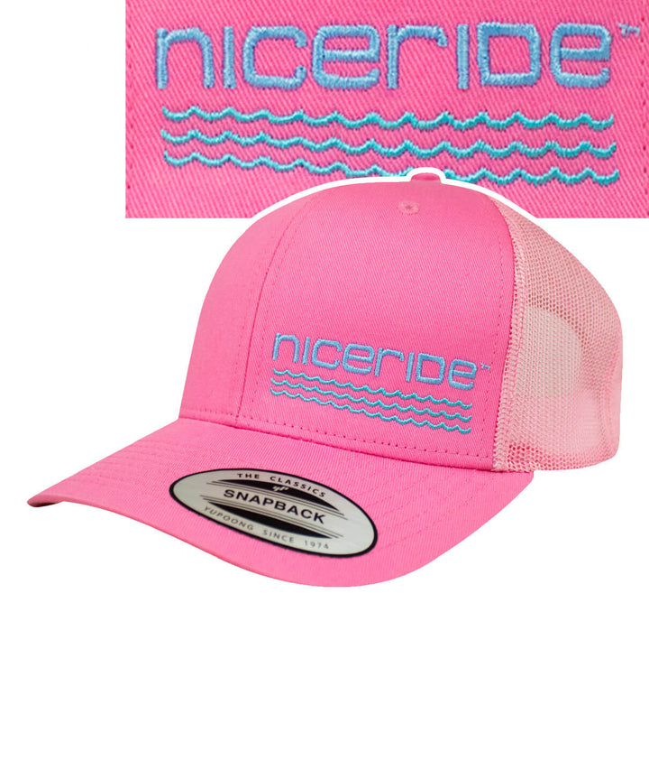 On The Water Retro Trucker Hat featuring NICERIDE logo, designed for outdoor enthusiasts, vibrant pink color, classic style.