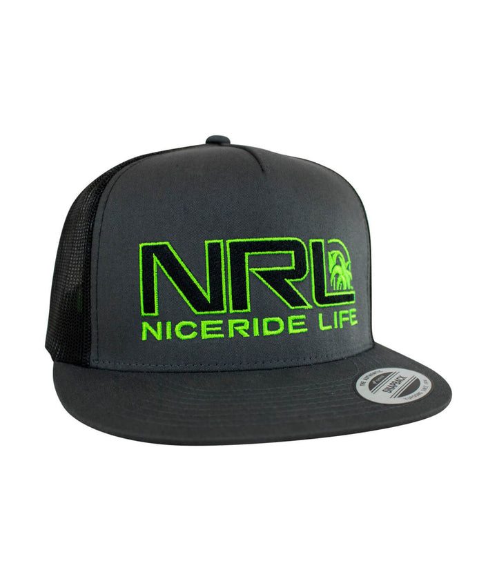 Bulls Eye Trucker Hat by NICERIDE featuring embroidered logo on front and side; perfect stylish hat for casual wear.