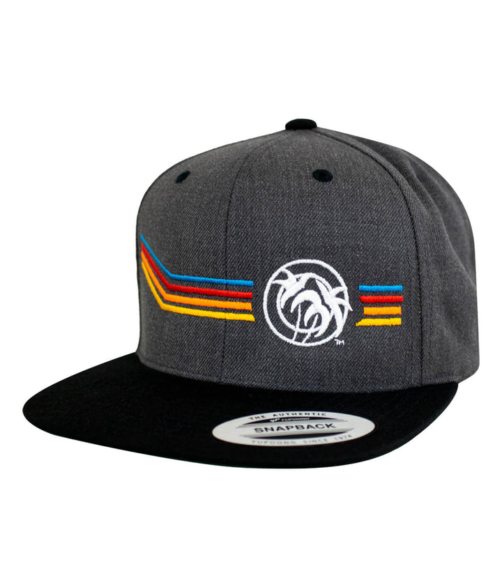 Unisex adjustable snapback hat featuring bold Aquarius design and colorful stripes on gray fabric.