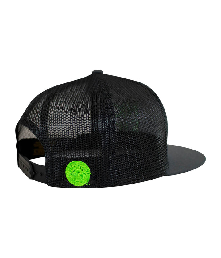 Back view of the CR-Ride trucker hat showing mesh material and classic palm logo in green.