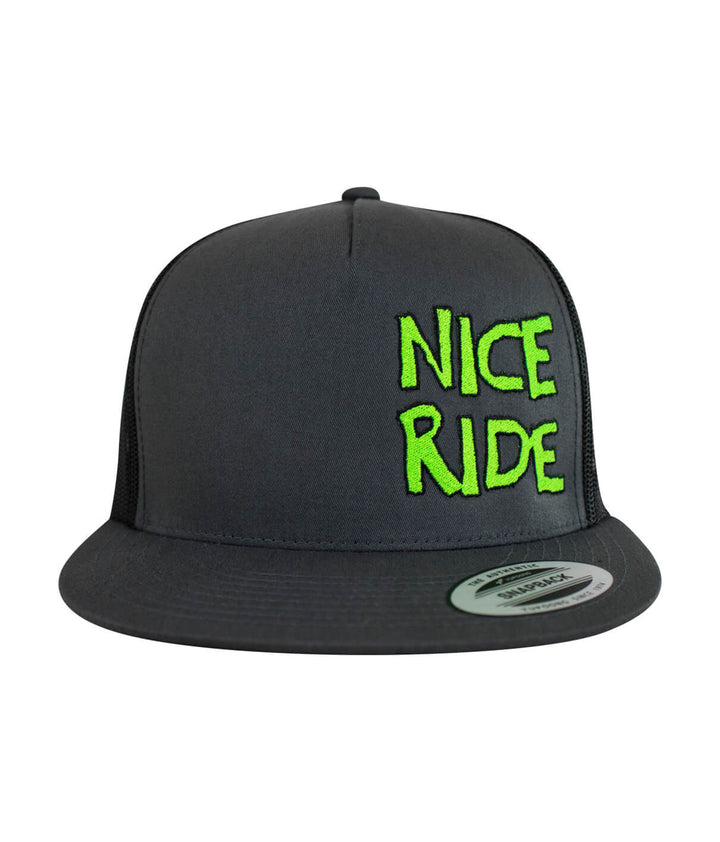 CR-Ride trucker hat featuring NICE RIDE embroidery in neon green on a classic snapback style cap.