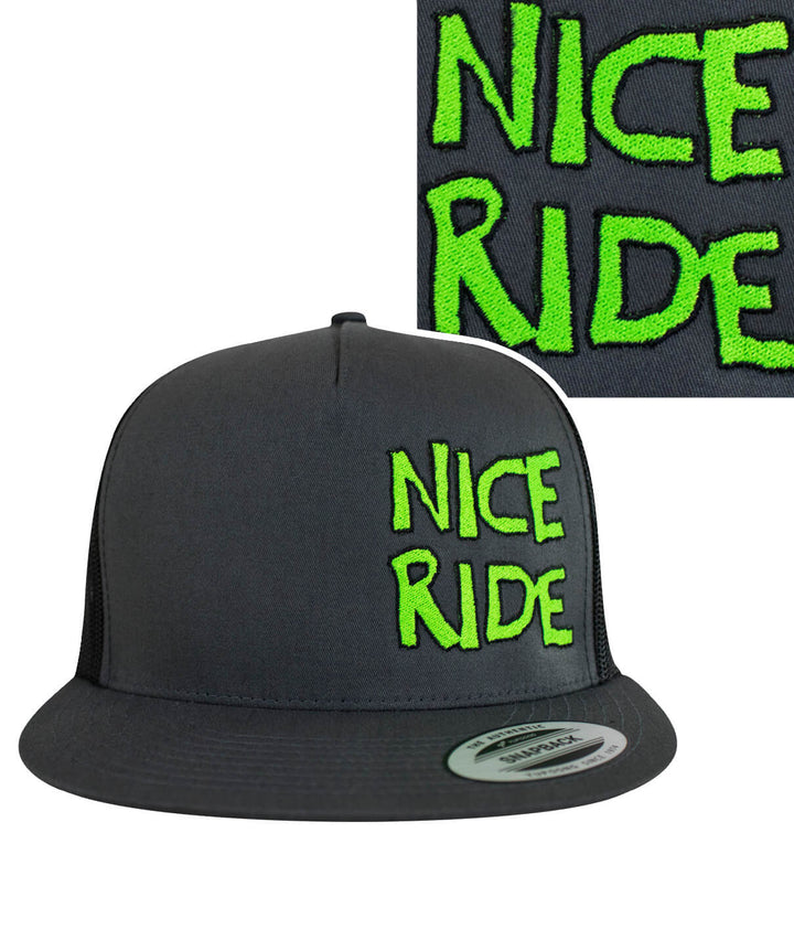 CR-Ride Trucker Hat in black with bright green "NICE RIDE" embroidery on the front panel, perfect for casual wear.
