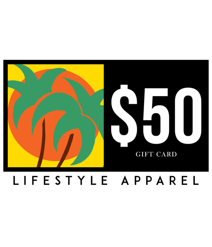 $50 NICERIDE gift card for lifestyle apparel with palm trees design.