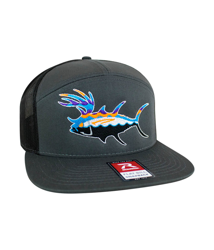 BUCK- EYE Explorer 7 Panel Trucker Hat for Men and Women with embroidered fish design on front.