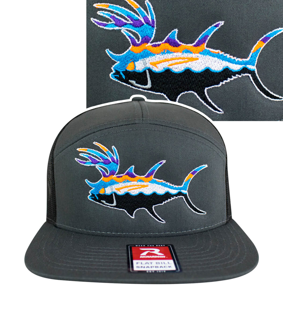 BUCK- EYE Explorer 7 Panel Trucker Hat showcasing colorful fish design embroidered on the front.