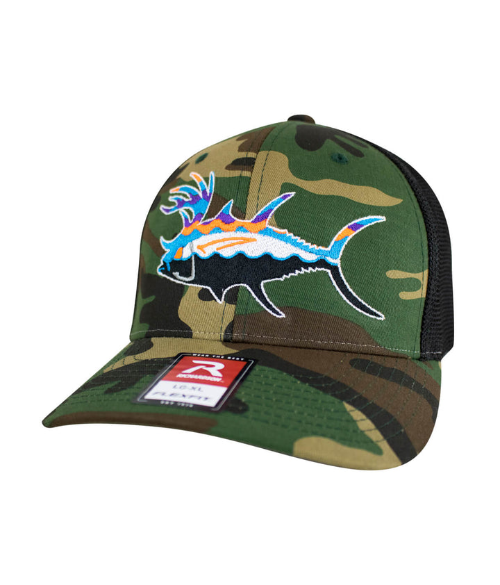 Buck-Eye Explorer hat featuring embroidered fish design on camo meshback baseball cap.
