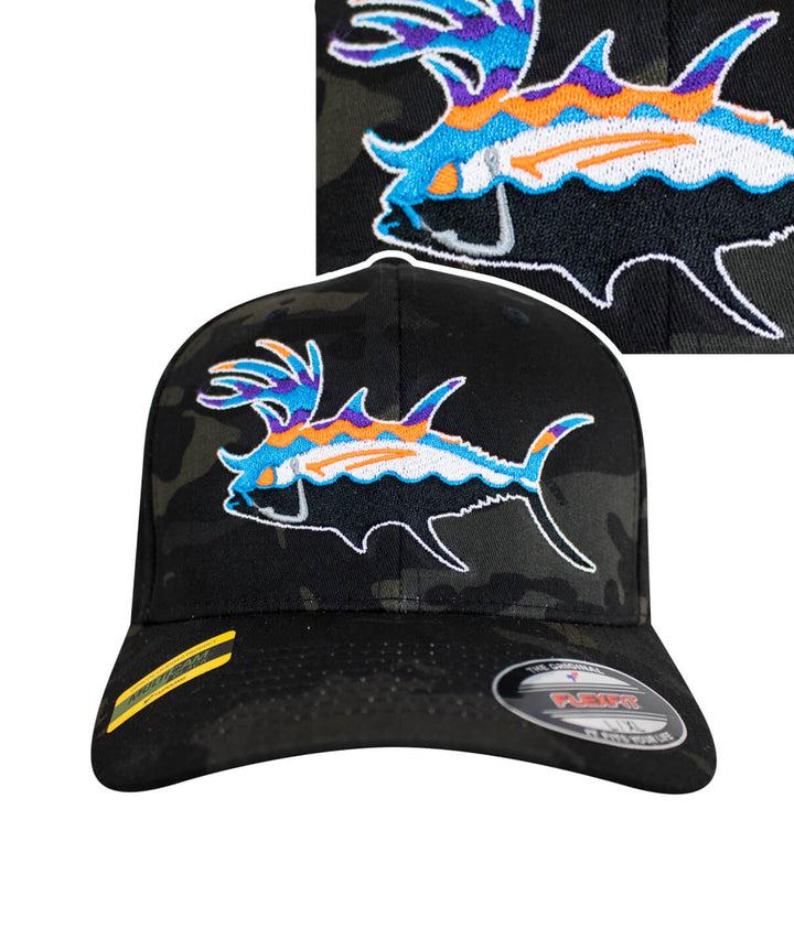 Buck-Eye Explorer unisex multicam classic Flexfit hat featuring colorful fish design, perfect for fishing and outdoor activities.